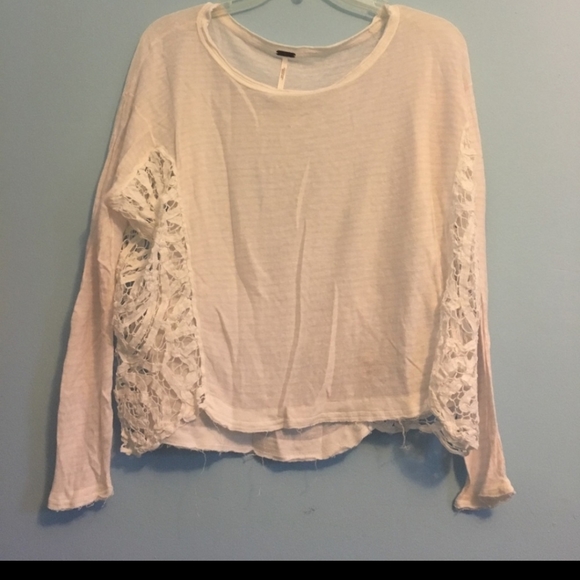 🥳HP🥳Free People Pink with White Stripes Lace Top - Picture 2 of 2
